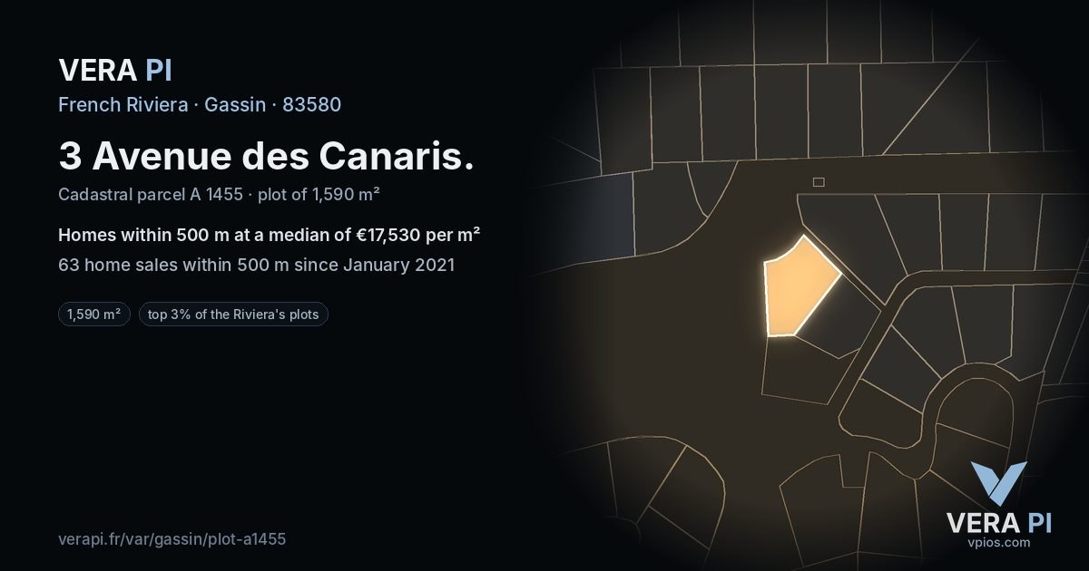 3 Avenue des Canaris, Gassin at night – the plot lit, the parcels around coloured by the prices near them