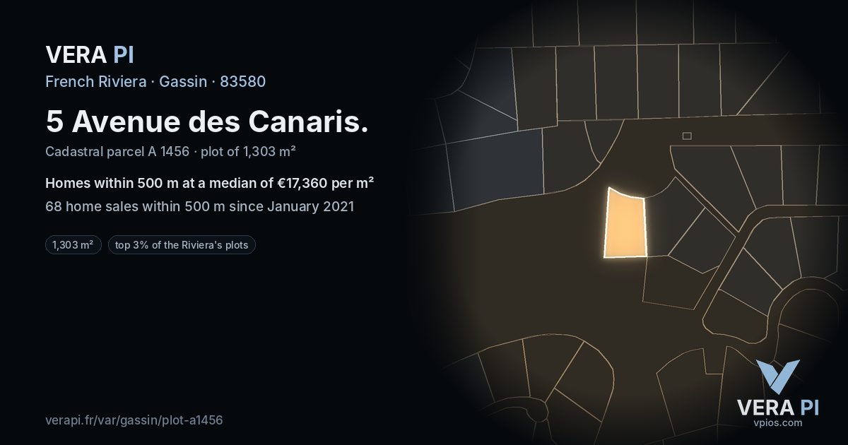 5 Avenue des Canaris, Gassin at night – the plot lit, the parcels around coloured by the prices near them