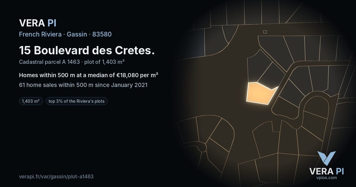 15 Boulevard des Cretes, Gassin at night – the plot lit, the parcels around coloured by the prices near them