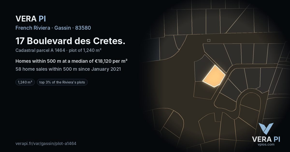 17 Boulevard des Cretes, Gassin at night – the plot lit, the parcels around coloured by the prices near them
