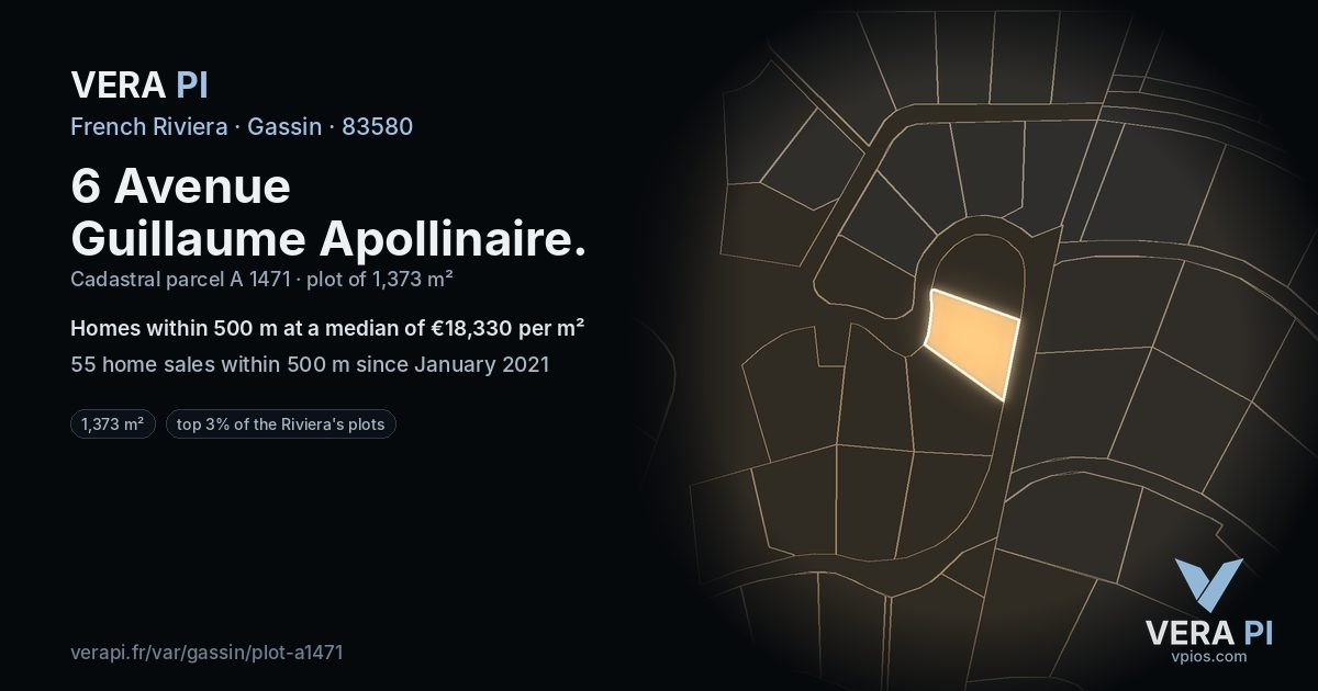 6 Avenue Guillaume Apollinaire, Gassin at night – the plot lit, the parcels around coloured by the prices near them