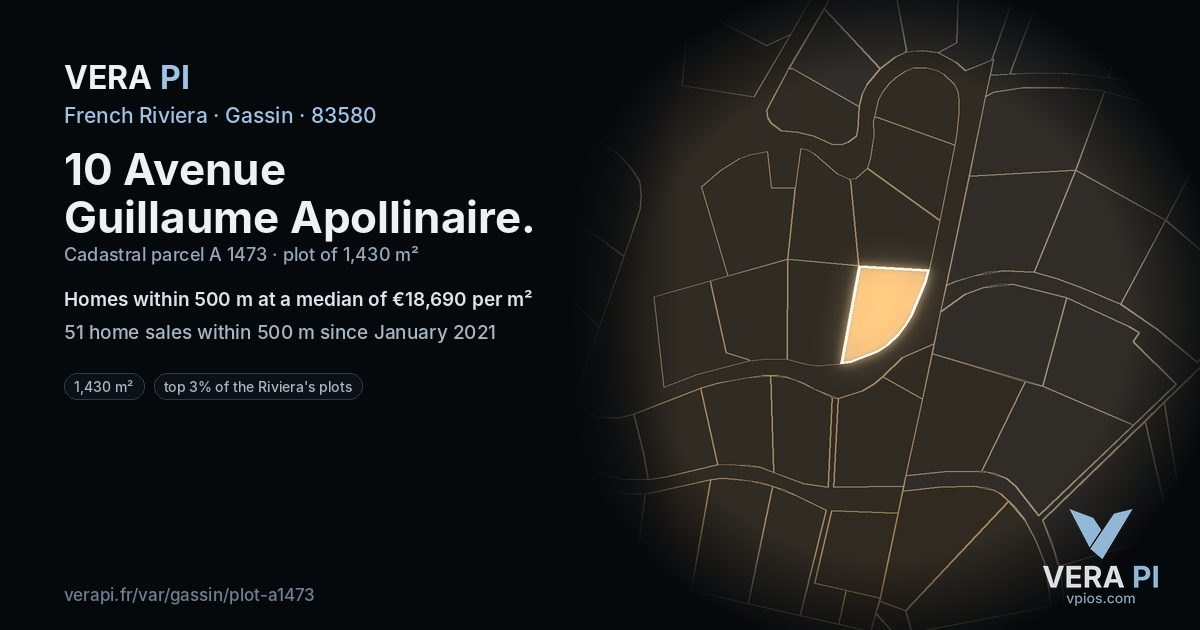 10 Avenue Guillaume Apollinaire, Gassin at night – the plot lit, the parcels around coloured by the prices near them