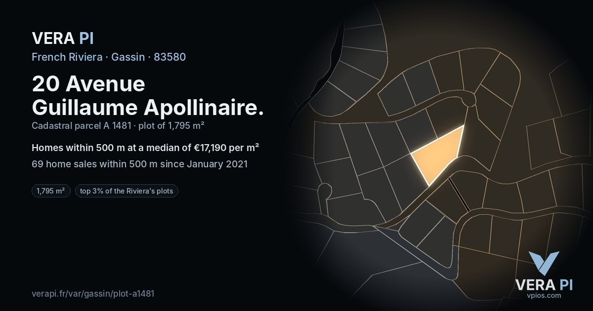 20 Avenue Guillaume Apollinaire, Gassin at night – the plot lit, the parcels around coloured by the prices near them