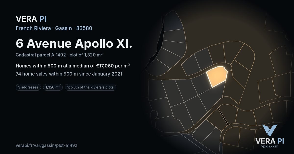 6 Avenue Apollo XI, Gassin at night – the plot lit, the parcels around coloured by the prices near them
