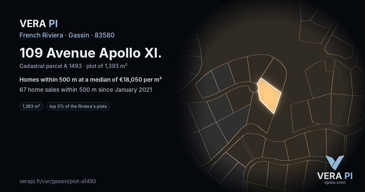109 Avenue Apollo XI, Gassin at night – the plot lit, the parcels around coloured by the prices near them