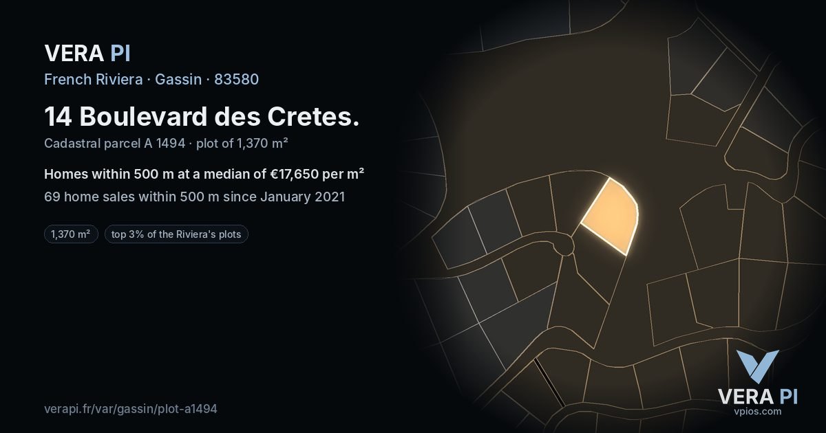 14 Boulevard des Cretes, Gassin at night – the plot lit, the parcels around coloured by the prices near them
