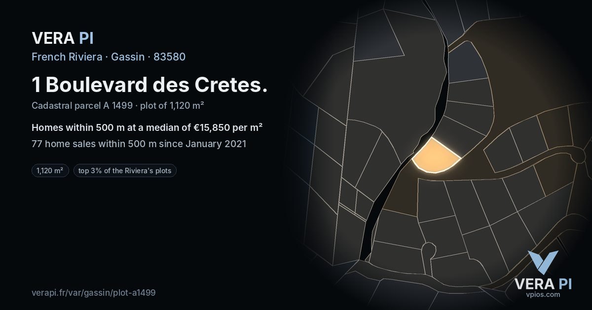 1 Boulevard des Cretes, Gassin at night – the plot lit, the parcels around coloured by the prices near them