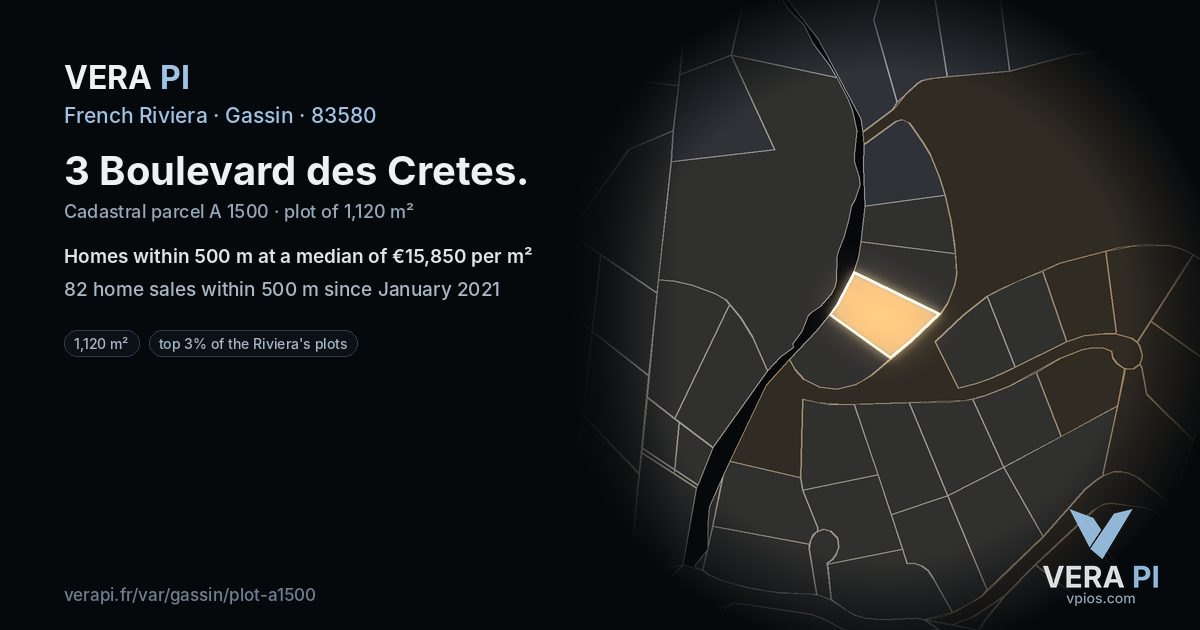 3 Boulevard des Cretes, Gassin at night – the plot lit, the parcels around coloured by the prices near them