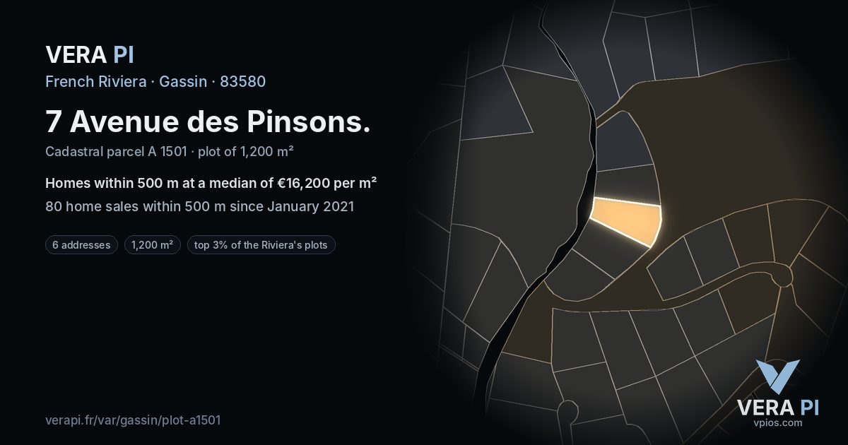 7 Avenue des Pinsons, Gassin at night – the plot lit, the parcels around coloured by the prices near them