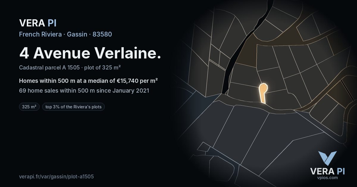 4 Avenue Verlaine, Gassin at night – the plot lit, the parcels around coloured by the prices near them