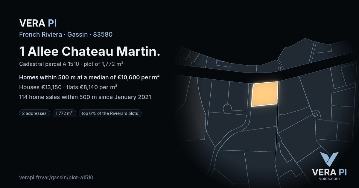 1 Allee Chateau Martin, Gassin at night – the plot lit, the parcels around coloured by the prices near them