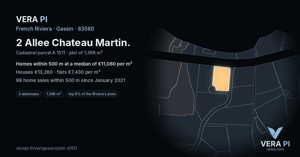 2 Allee Chateau Martin, Gassin at night – the plot lit, the parcels around coloured by the prices near them