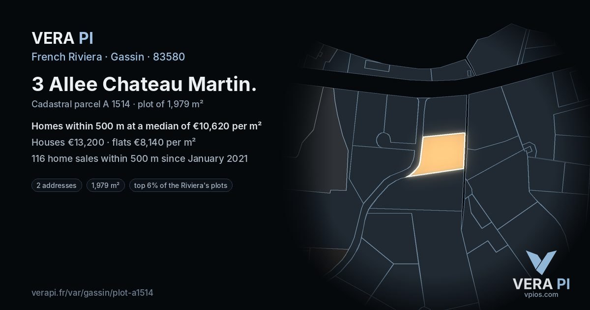 3 Allee Chateau Martin, Gassin at night – the plot lit, the parcels around coloured by the prices near them