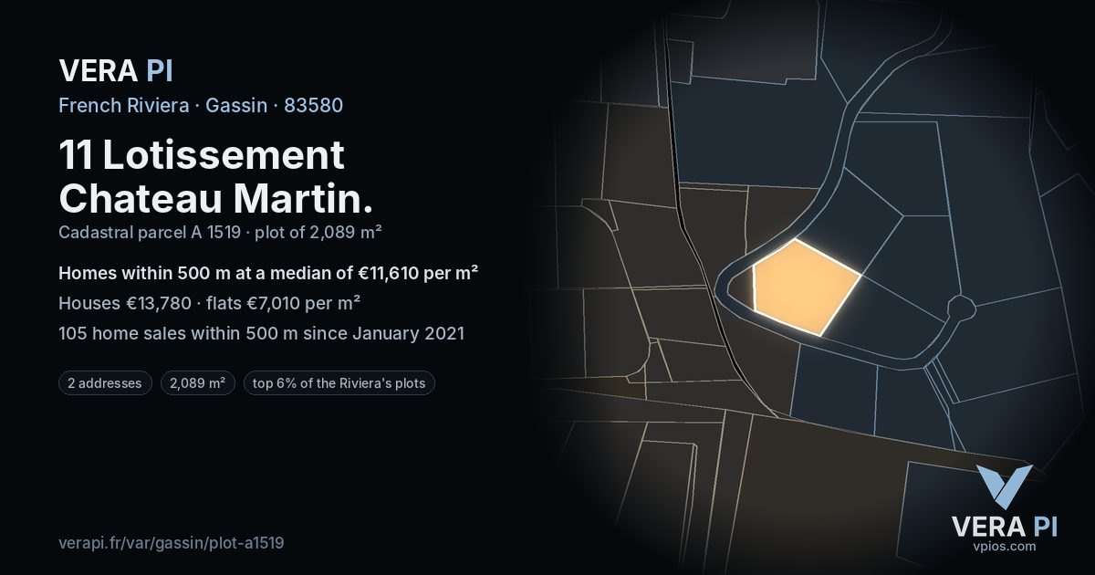11 Lotissement Chateau Martin, Gassin at night – the plot lit, the parcels around coloured by the prices near them