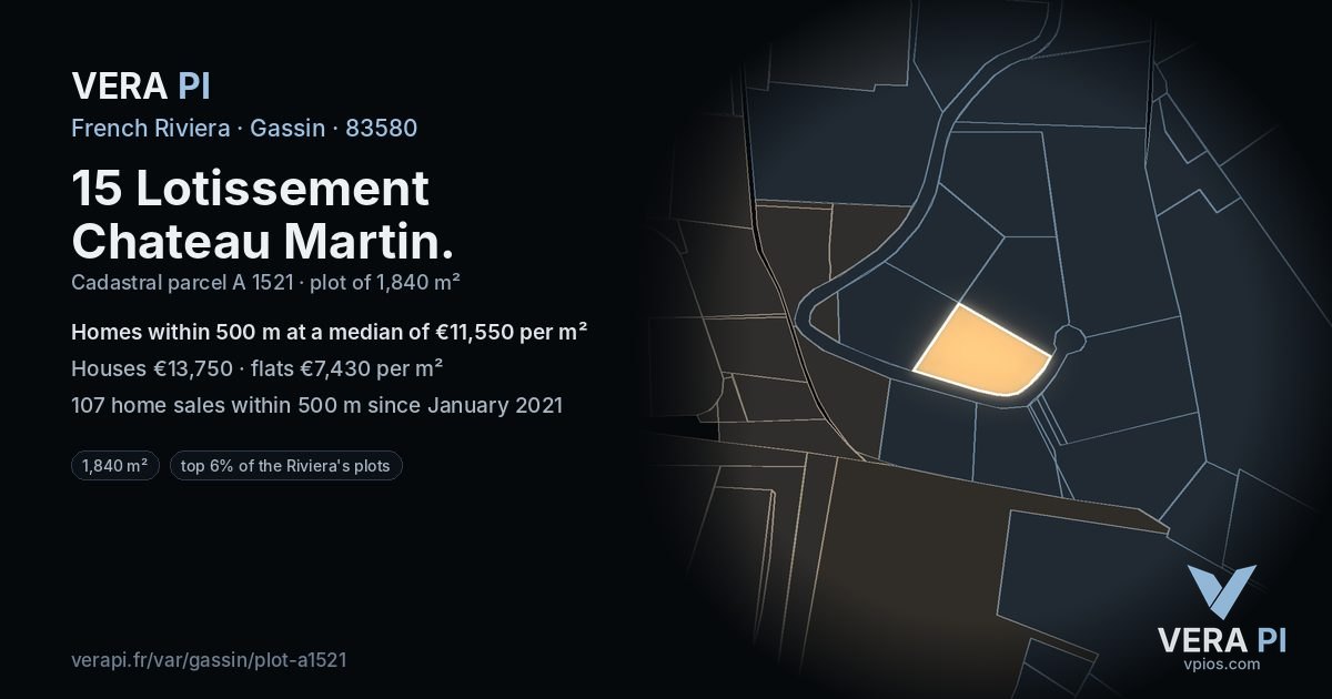 15 Lotissement Chateau Martin, Gassin at night – the plot lit, the parcels around coloured by the prices near them