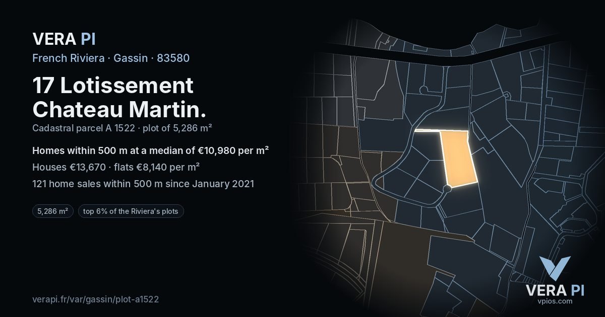 17 Lotissement Chateau Martin, Gassin at night – the plot lit, the parcels around coloured by the prices near them