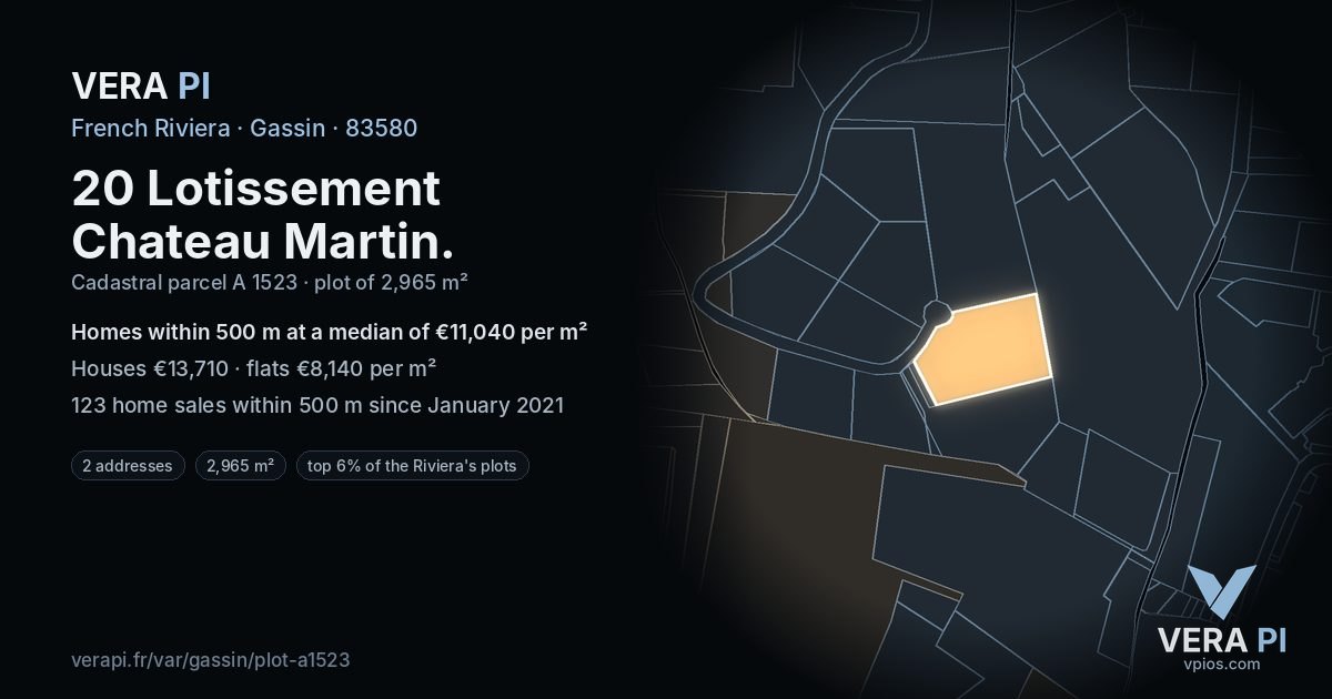 20 Lotissement Chateau Martin, Gassin at night – the plot lit, the parcels around coloured by the prices near them