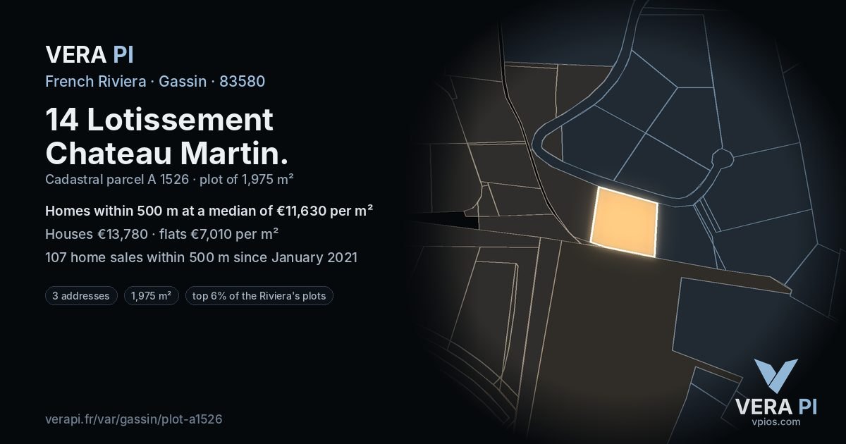 14 Lotissement Chateau Martin, Gassin at night – the plot lit, the parcels around coloured by the prices near them