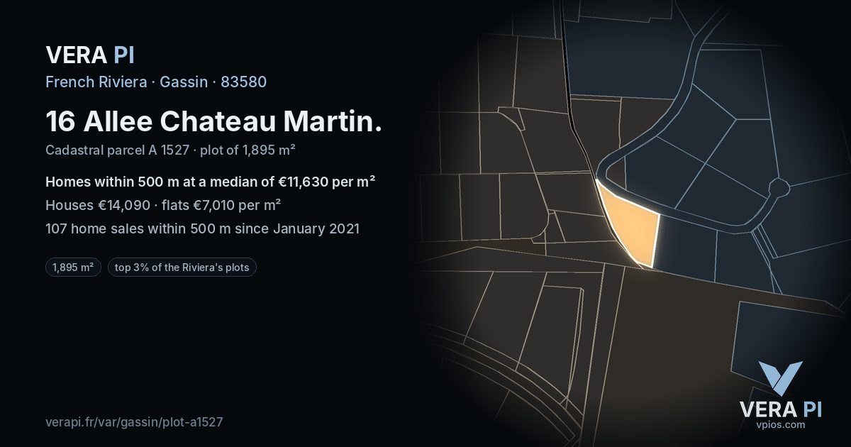 16 Allee Chateau Martin, Gassin at night – the plot lit, the parcels around coloured by the prices near them