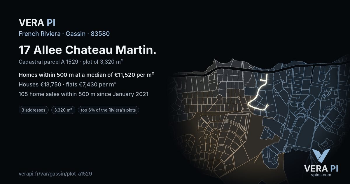 17 Allee Chateau Martin, Gassin at night – the plot lit, the parcels around coloured by the prices near them