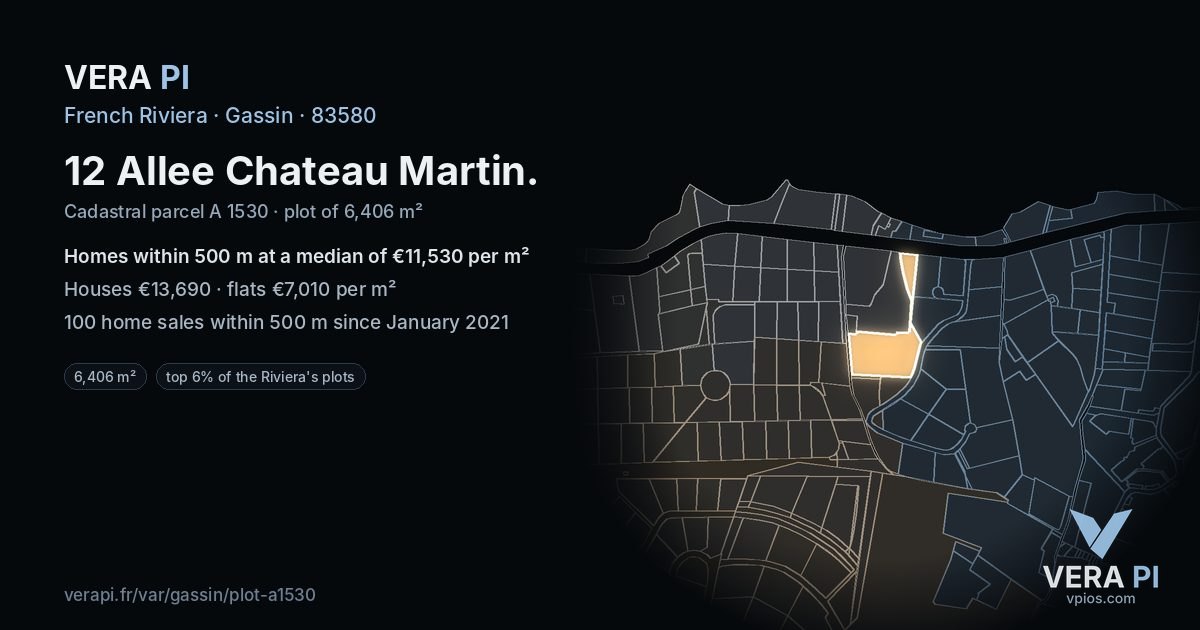 12 Allee Chateau Martin, Gassin at night – the plot lit, the parcels around coloured by the prices near them