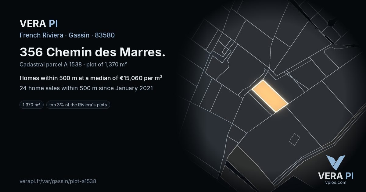 356 Chemin des Marres, Gassin at night – the plot lit, the parcels around coloured by the prices near them