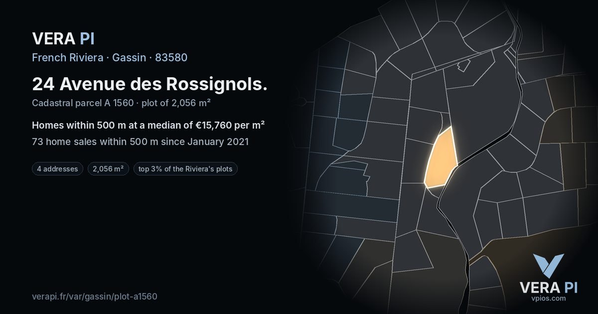 24 Avenue des Rossignols, Gassin at night – the plot lit, the parcels around coloured by the prices near them