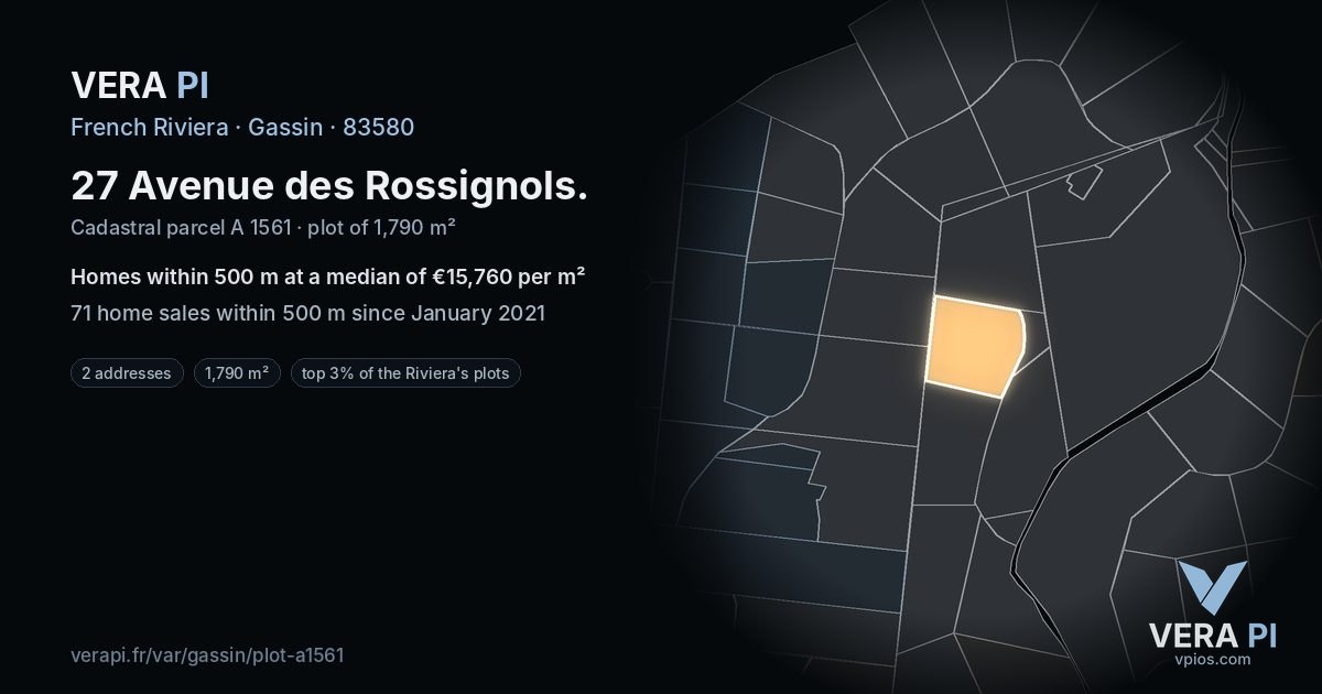 27 Avenue des Rossignols, Gassin at night – the plot lit, the parcels around coloured by the prices near them