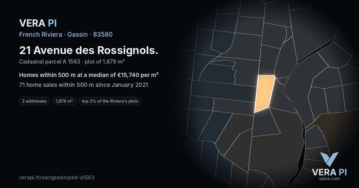21 Avenue des Rossignols, Gassin at night – the plot lit, the parcels around coloured by the prices near them