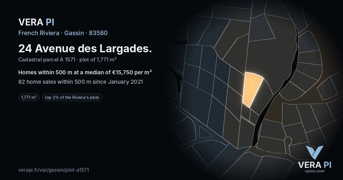 24 Avenue des Largades, Gassin at night – the plot lit, the parcels around coloured by the prices near them