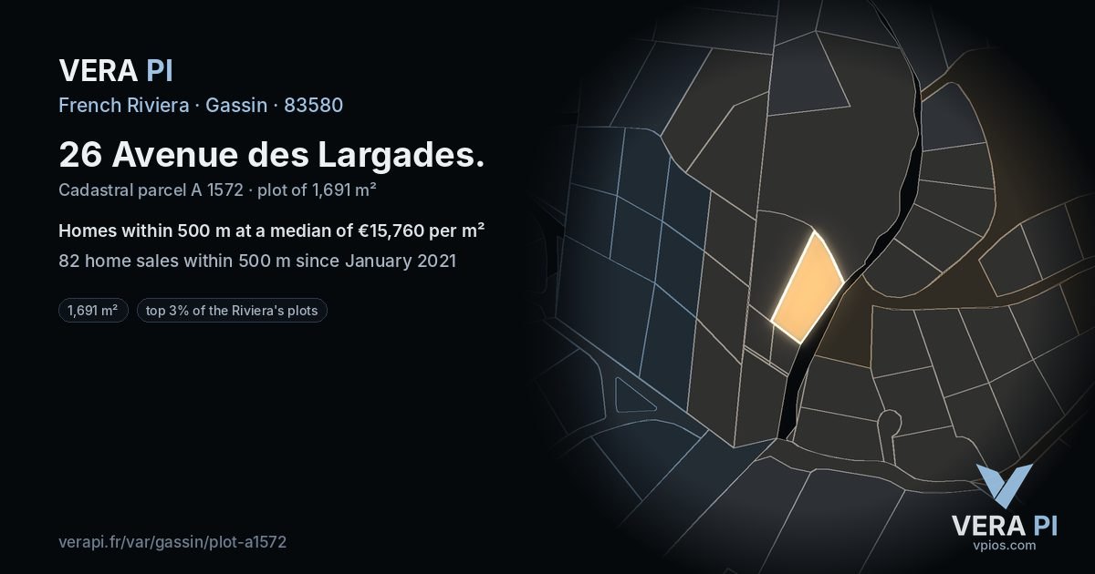 26 Avenue des Largades, Gassin at night – the plot lit, the parcels around coloured by the prices near them