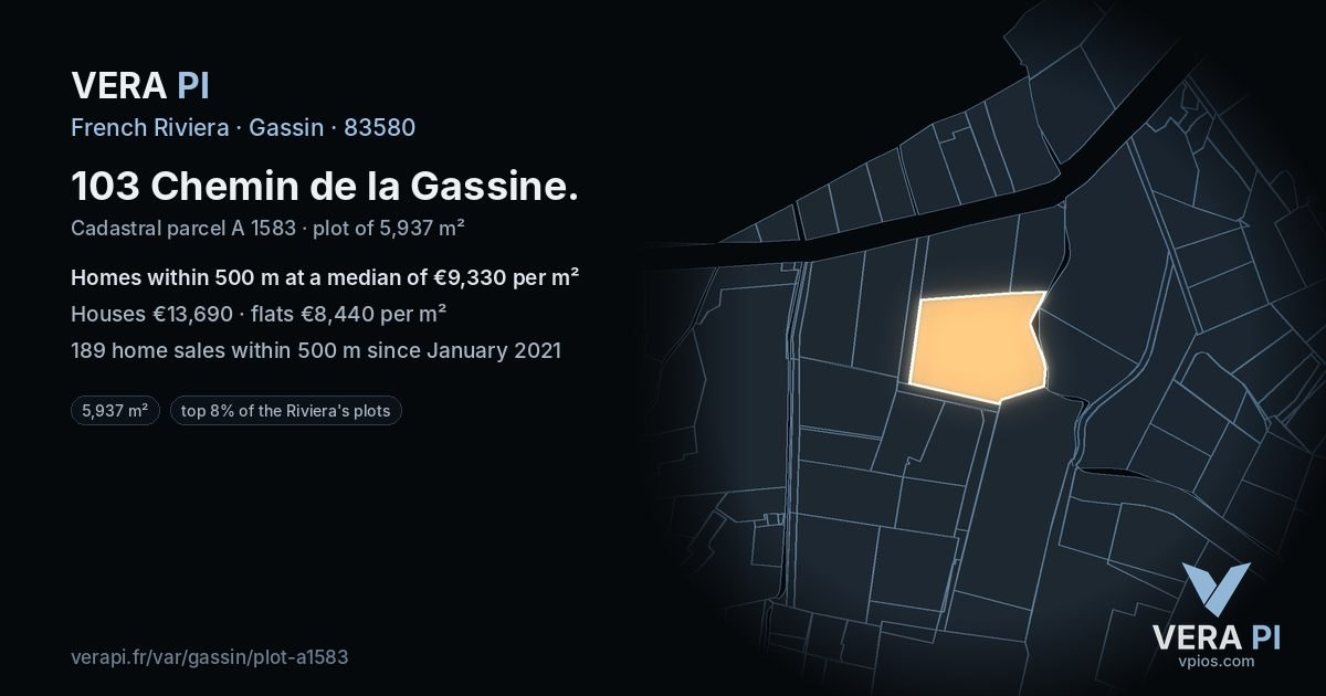103 Chemin de la Gassine, Gassin at night – the plot lit, the parcels around coloured by the prices near them