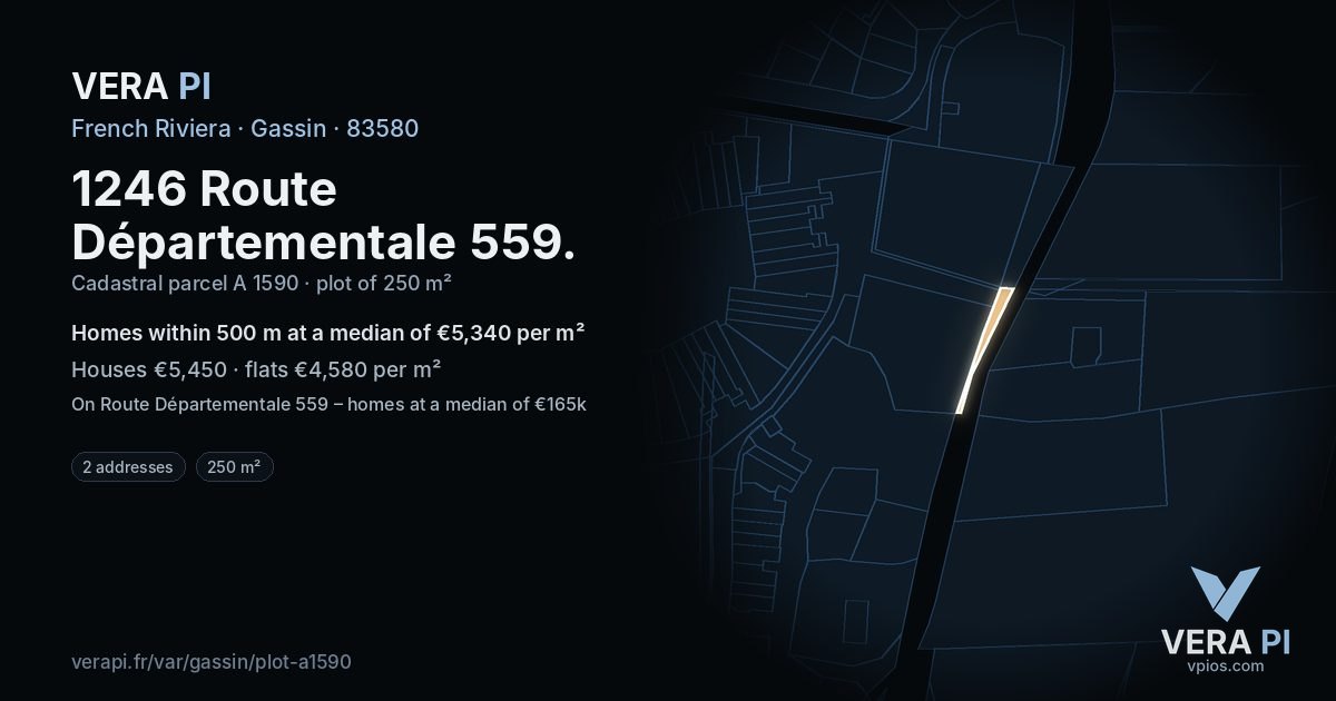 1246 Route Départementale 559, Gassin at night – the plot lit, the parcels around coloured by the prices near them
