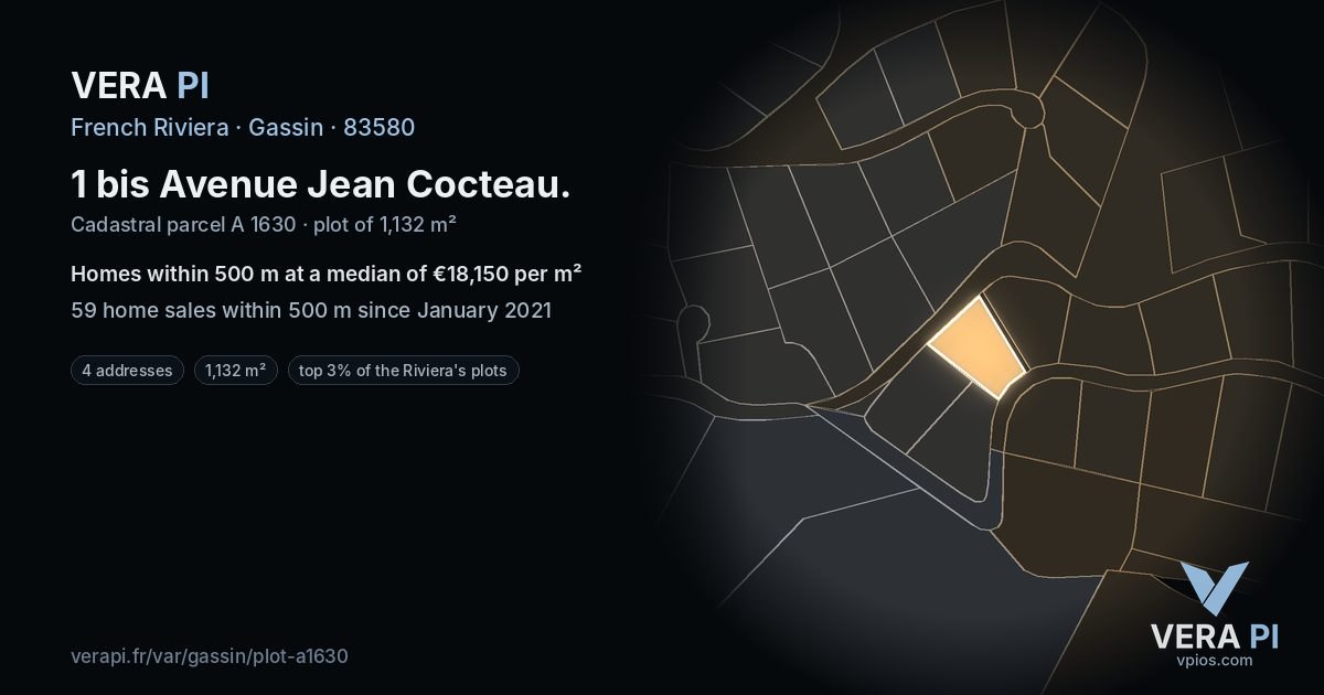 1 bis Avenue Jean Cocteau, Gassin at night – the plot lit, the parcels around coloured by the prices near them