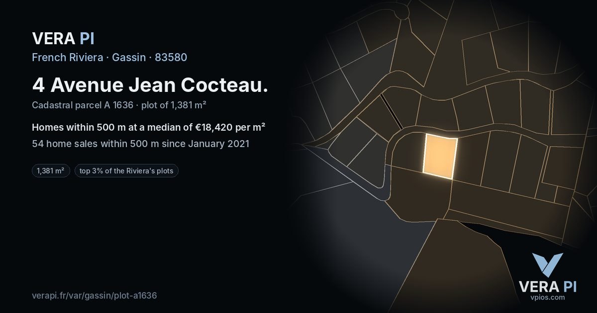 4 Avenue Jean Cocteau, Gassin at night – the plot lit, the parcels around coloured by the prices near them