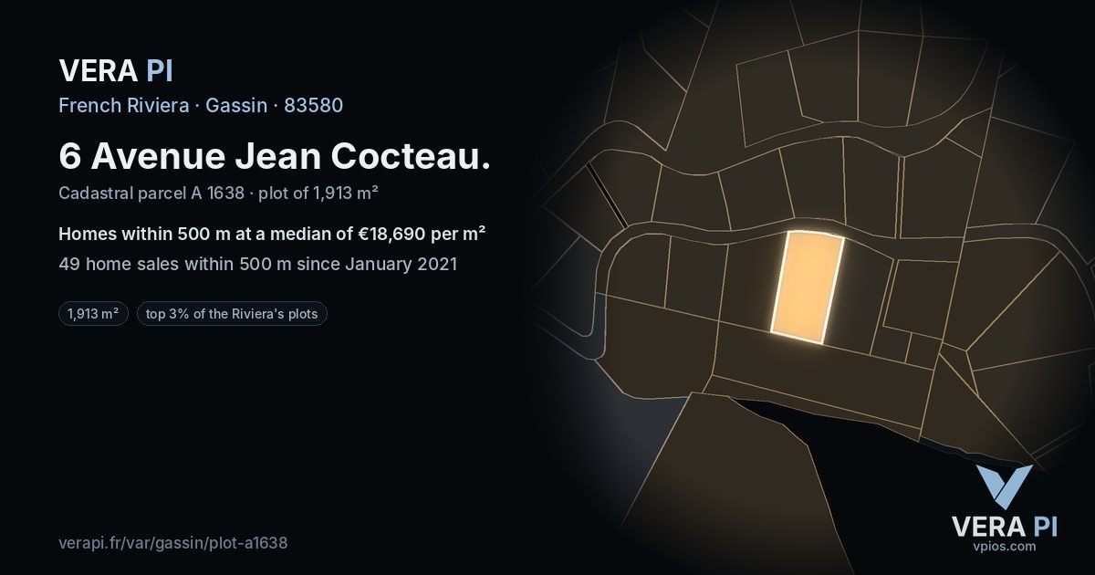 6 Avenue Jean Cocteau, Gassin at night – the plot lit, the parcels around coloured by the prices near them