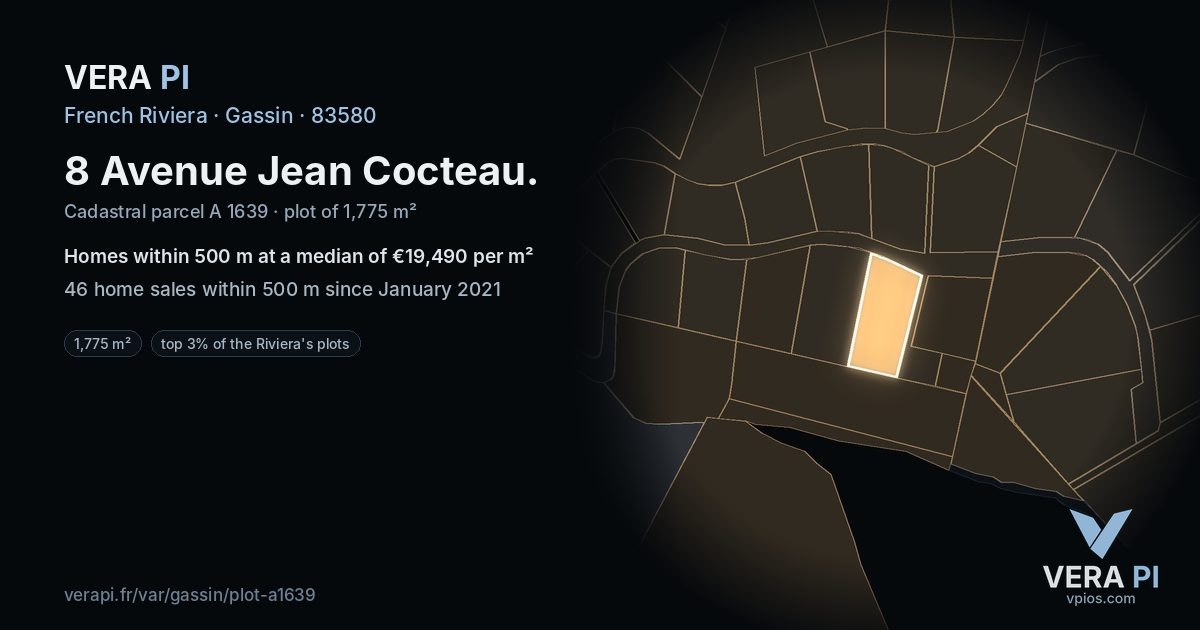 8 Avenue Jean Cocteau, Gassin at night – the plot lit, the parcels around coloured by the prices near them