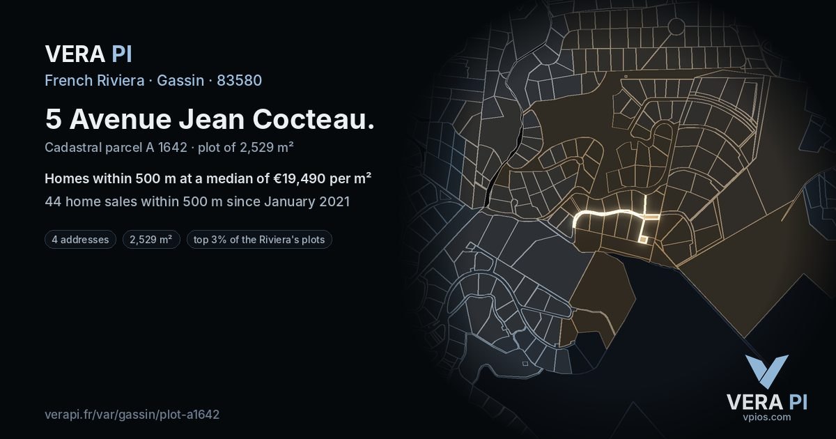 5 Avenue Jean Cocteau, Gassin at night – the plot lit, the parcels around coloured by the prices near them