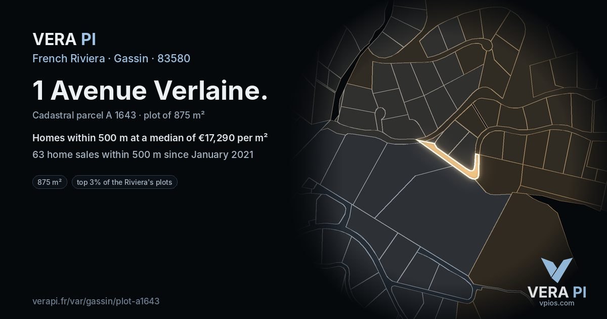 1 Avenue Verlaine, Gassin at night – the plot lit, the parcels around coloured by the prices near them