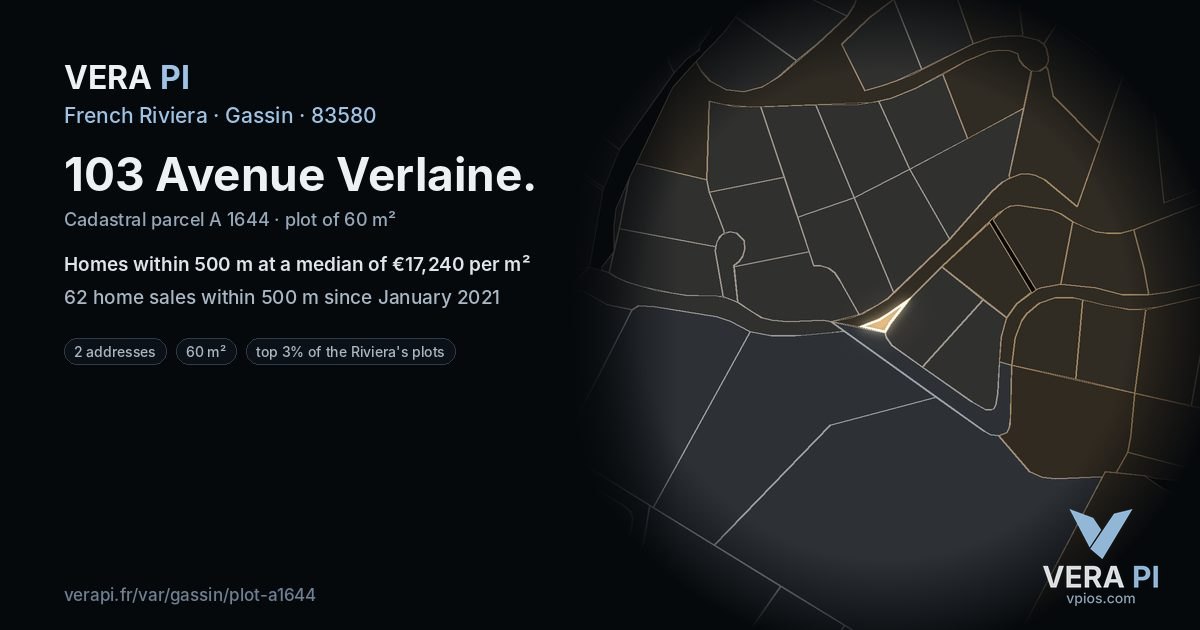 103 Avenue Verlaine, Gassin at night – the plot lit, the parcels around coloured by the prices near them