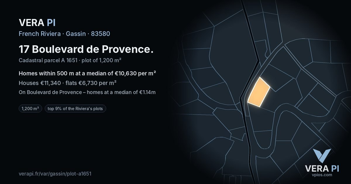 17 Boulevard de Provence, Gassin at night – the plot lit, the parcels around coloured by the prices near them