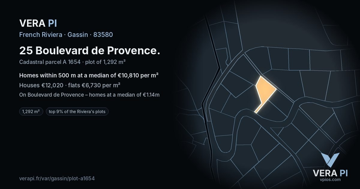 25 Boulevard de Provence, Gassin at night – the plot lit, the parcels around coloured by the prices near them