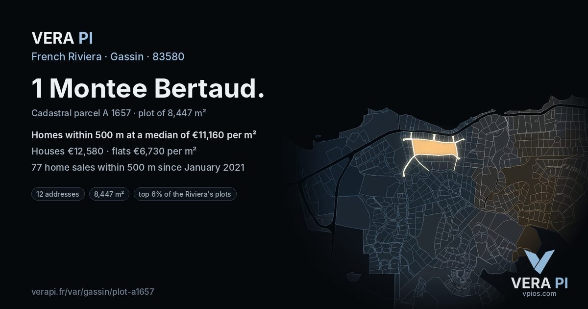 1 Montee Bertaud, Gassin at night – the plot lit, the parcels around coloured by the prices near them