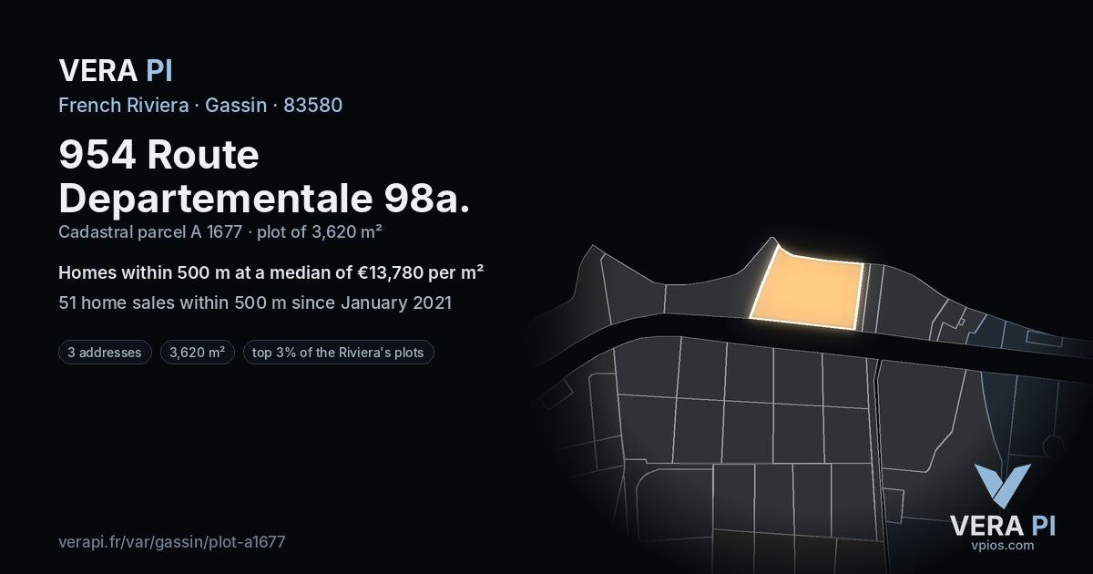 954 Route Departementale 98a, Gassin at night – the plot lit, the parcels around coloured by the prices near them