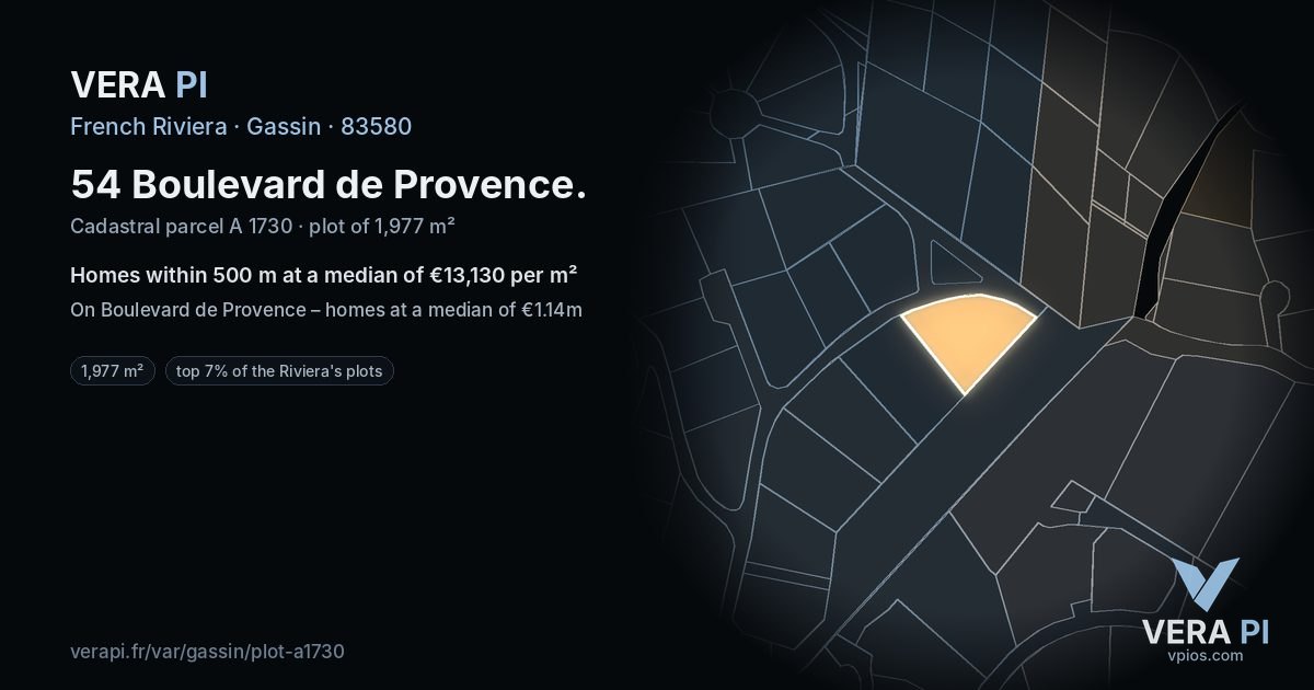 54 Boulevard de Provence, Gassin at night – the plot lit, the parcels around coloured by the prices near them