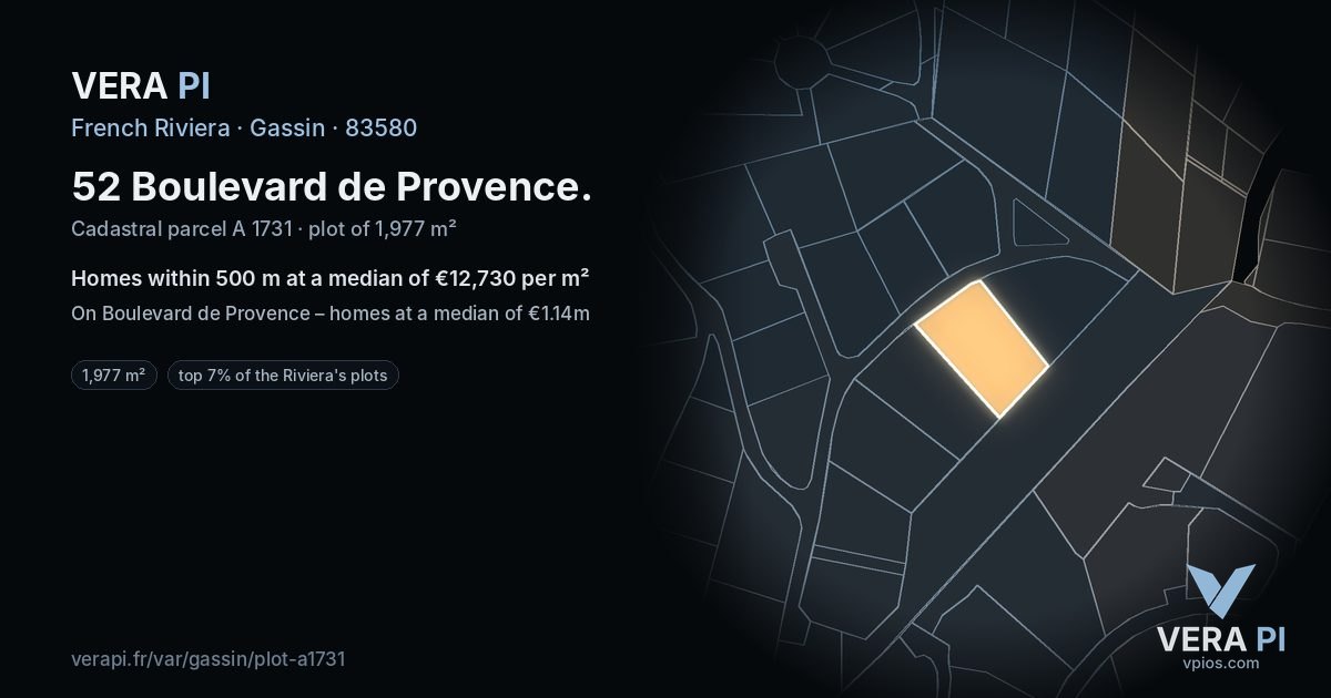 52 Boulevard de Provence, Gassin at night – the plot lit, the parcels around coloured by the prices near them