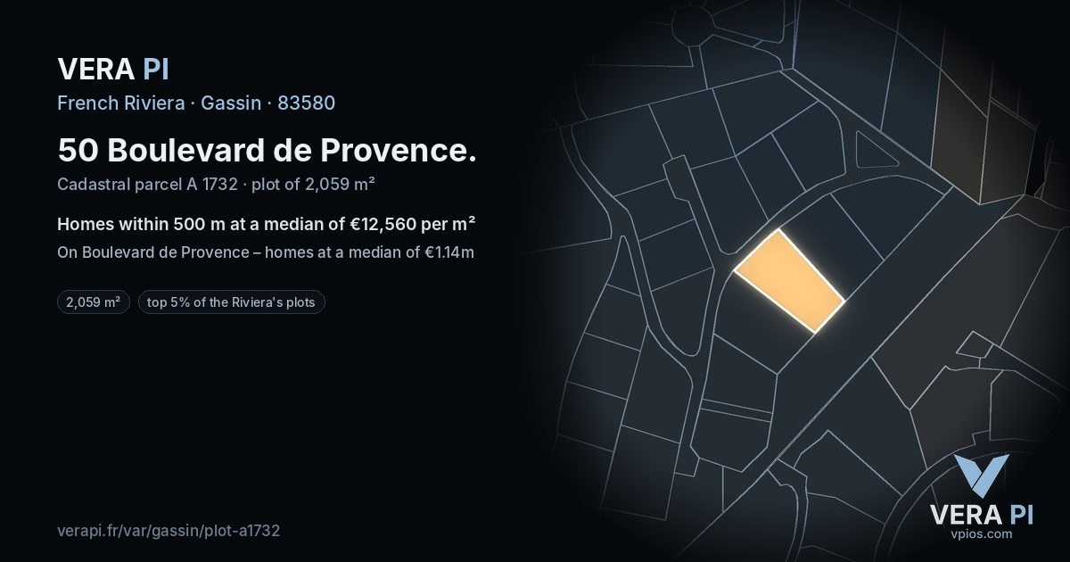 50 Boulevard de Provence, Gassin at night – the plot lit, the parcels around coloured by the prices near them