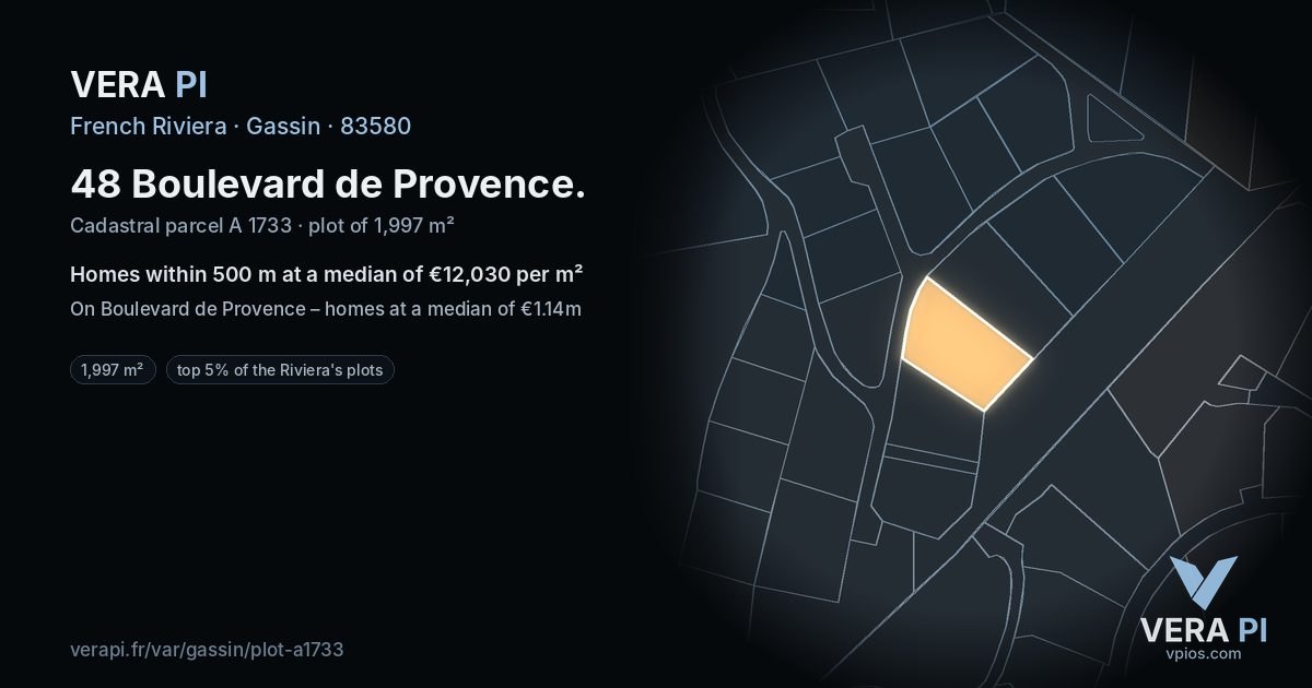 48 Boulevard de Provence, Gassin at night – the plot lit, the parcels around coloured by the prices near them