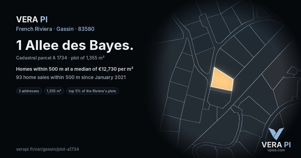 1 Allee des Bayes, Gassin at night – the plot lit, the parcels around coloured by the prices near them