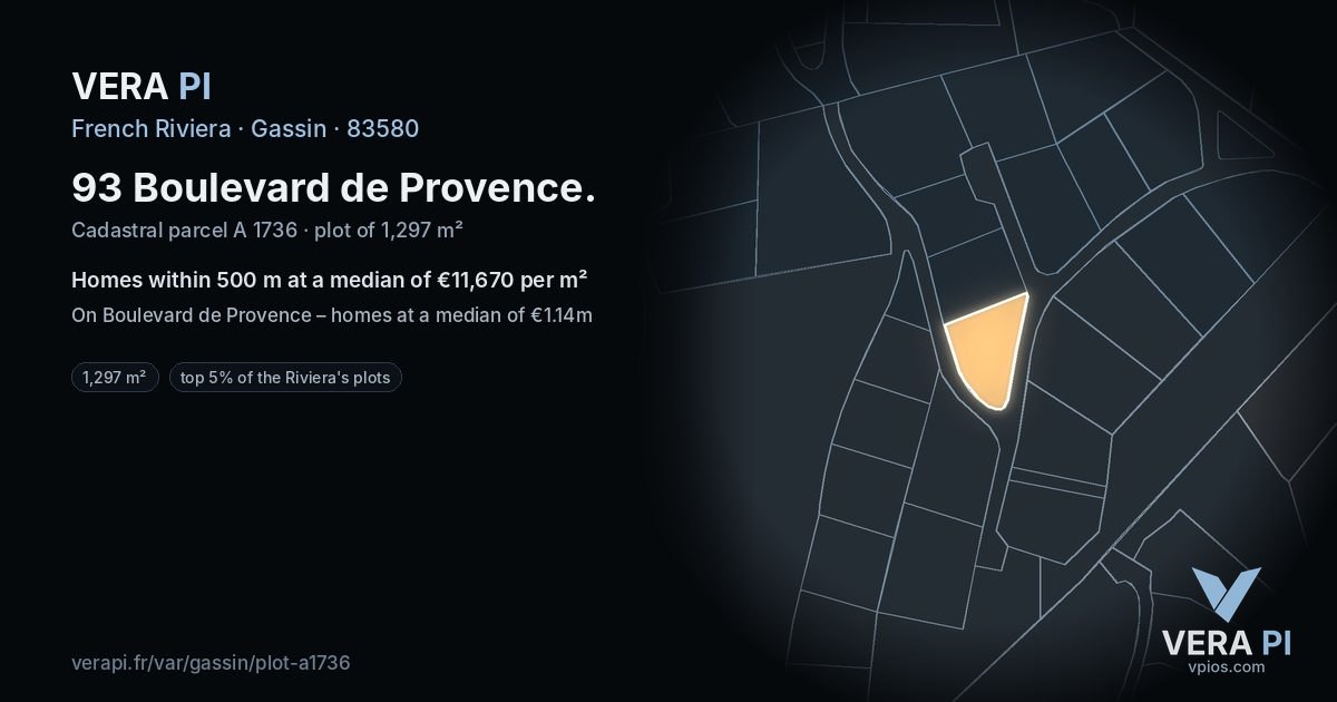 93 Boulevard de Provence, Gassin at night – the plot lit, the parcels around coloured by the prices near them